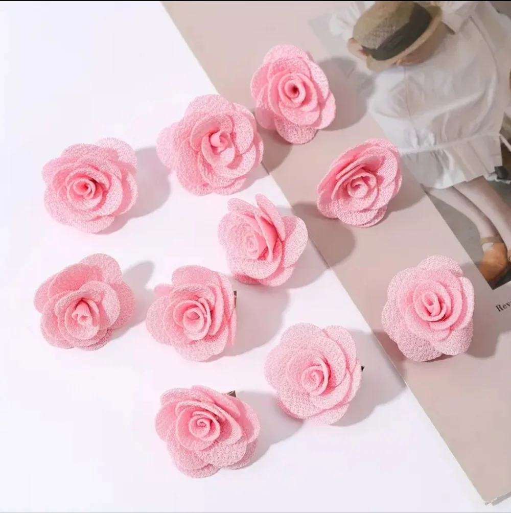 10pc Pink Rose Hair Clips 3D Soft Fabric With Golden Alligator Clips (OS) NWT